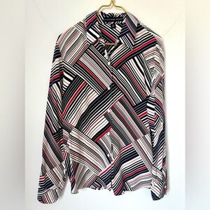 Vintage Josephine Chaus Blue Red Abstract Striped Silk Button Up Blouse 14 FLAW